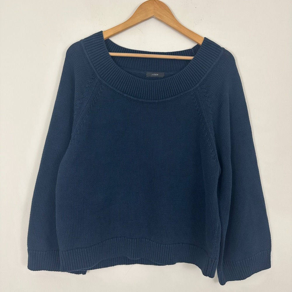 J.Crew Sweater Navy Blue Knit Cotton Boat Neck Relaxed Fit Long Sleeve Women XL